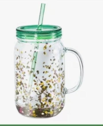 22 oz Acrylic Mason Jar Snowglobe w/ Handle (Colored Lid & Straw Included)