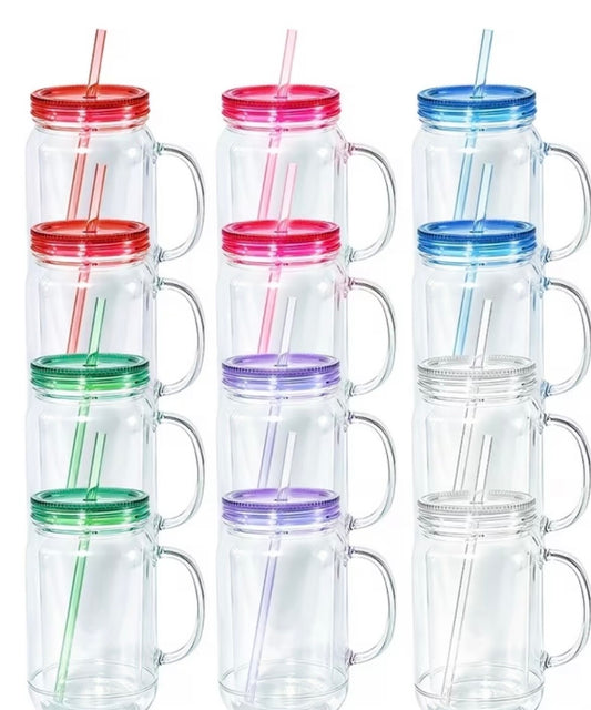 22 oz Acrylic Mason Jar Snowglobe w/ Handle (Colored Lid & Straw Included)